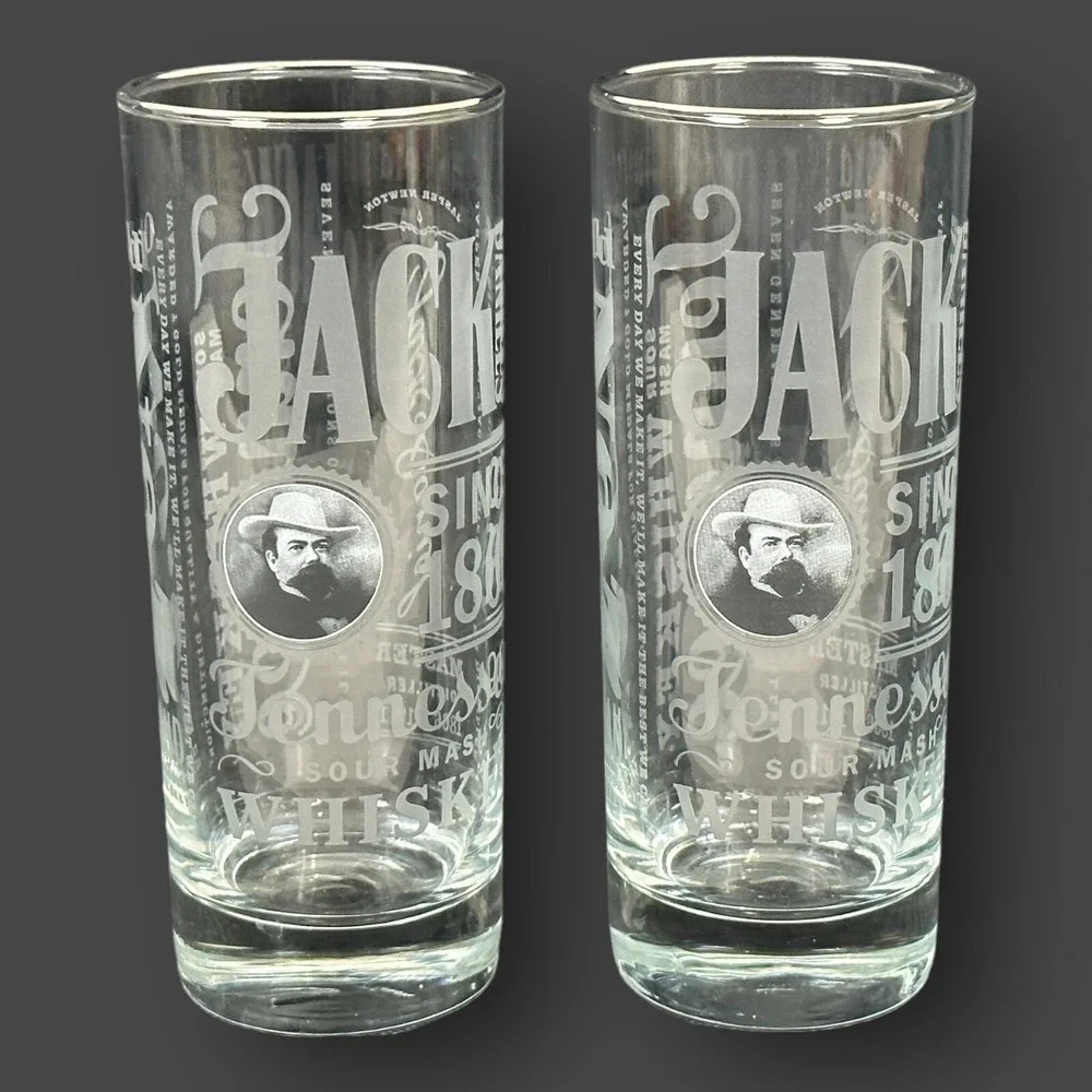 Jack Daniel's Commemorative Whiskey Glasses Set of 2 Silver Rim 6 Inch‎ Barware